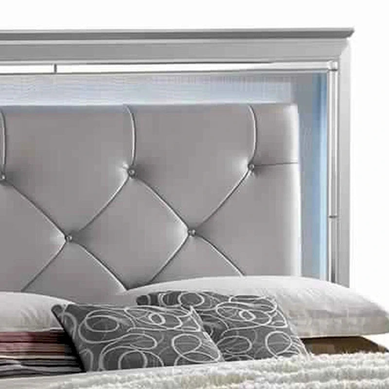 Textured Queen Size Bed with Silver Trim Accents, Beige