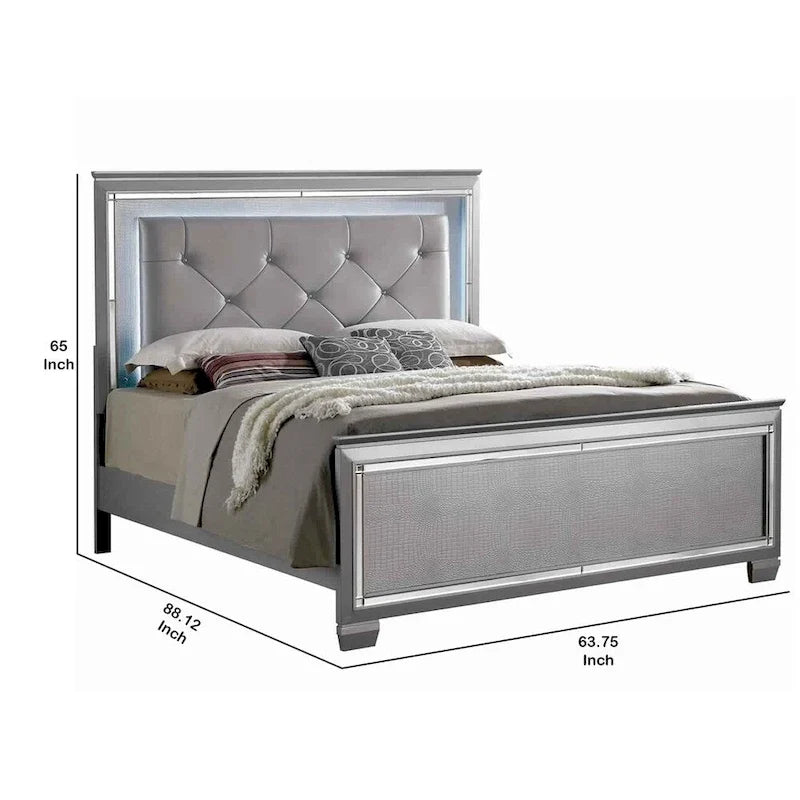 Textured Queen Size Bed with Silver Trim Accents, Beige