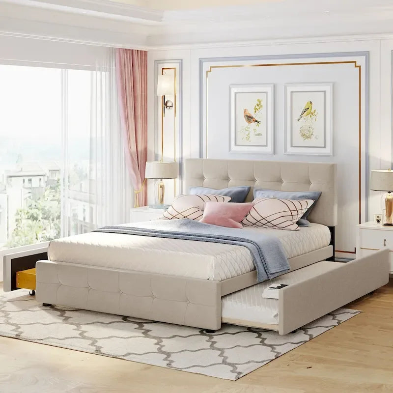 Upholstered Platform Bed with 2 Drawers and 1 Twin XL Trundle, Linen Fabric, Queen Size