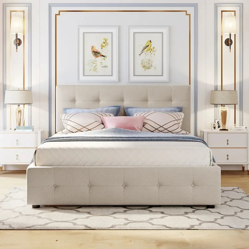 Upholstered Platform Bed with 2 Drawers and 1 Twin XL Trundle, Linen Fabric, Queen Size