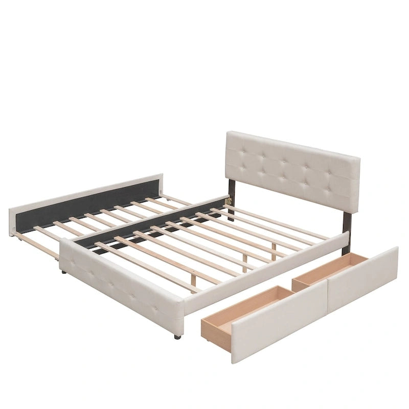 Upholstered Platform Bed with 2 Drawers and 1 Twin XL Trundle, Linen Fabric, Queen Size