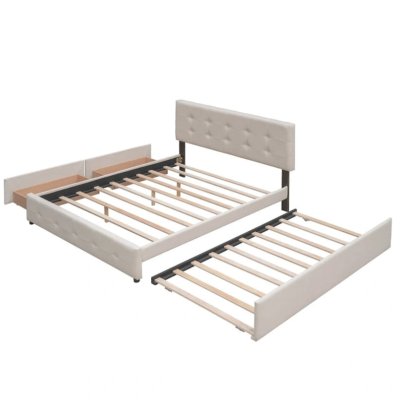 Upholstered Platform Bed with 2 Drawers and 1 Twin XL Trundle, Linen Fabric, Queen Size