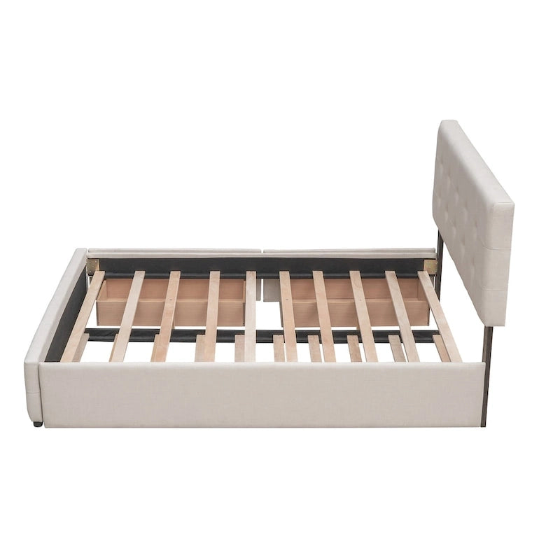 Upholstered Platform Bed with 2 Drawers and 1 Twin XL Trundle, Linen Fabric, Queen Size