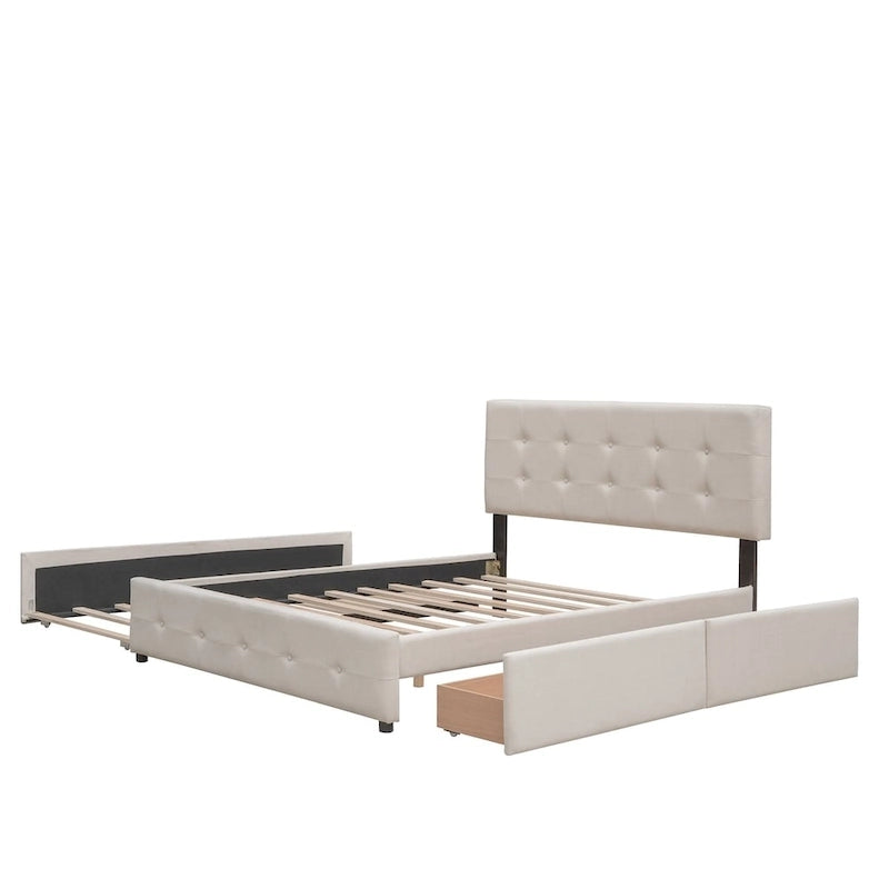 Upholstered Platform Bed with 2 Drawers and 1 Twin XL Trundle, Linen Fabric, Queen Size
