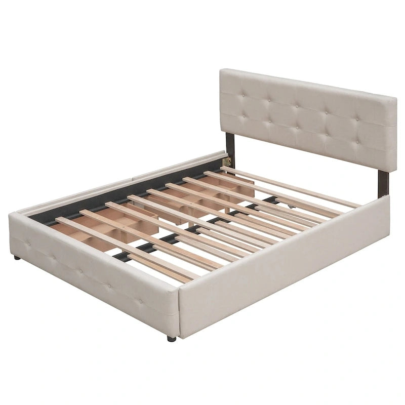Upholstered Platform Bed with 2 Drawers and 1 Twin XL Trundle, Linen Fabric, Queen Size