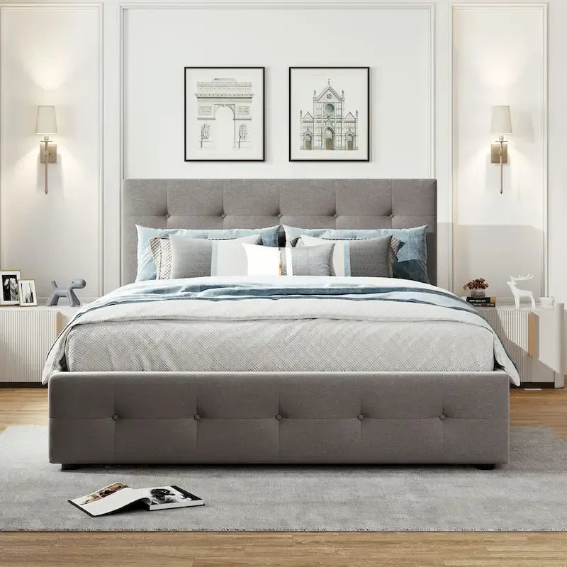 Upholstered Platform Bed with 2 Drawers and 1 Twin XL Trundle, Linen Fabric, Queen Size