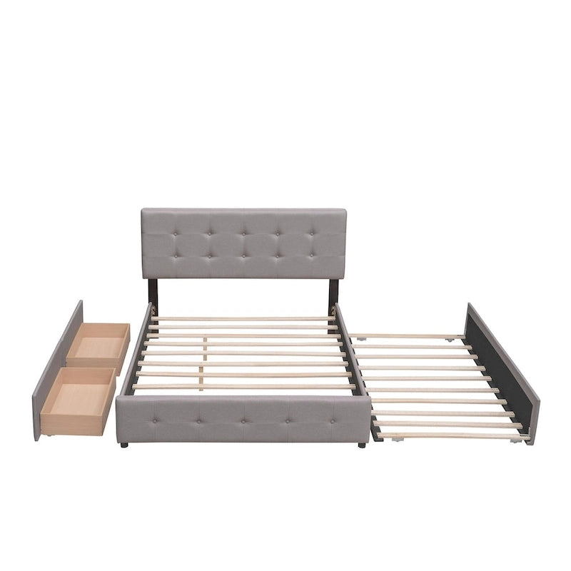Upholstered Platform Bed with 2 Drawers and 1 Twin XL Trundle, Linen Fabric, Queen Size
