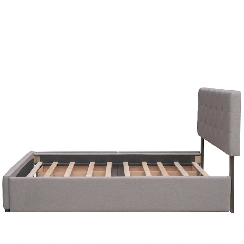 Upholstered Platform Bed with 2 Drawers and 1 Twin XL Trundle, Linen Fabric, Queen Size