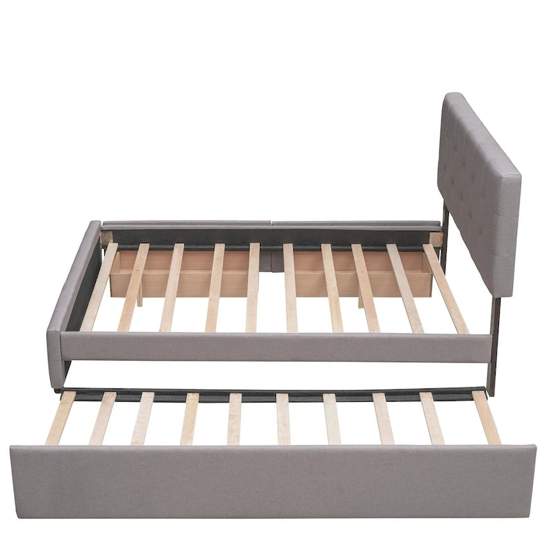 Upholstered Platform Bed with 2 Drawers and 1 Twin XL Trundle, Linen Fabric, Queen Size