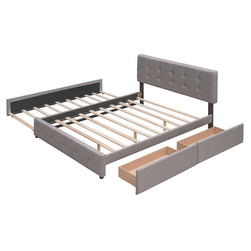 Upholstered Platform Bed with 2 Drawers and 1 Twin XL Trundle, Linen Fabric, Queen Size