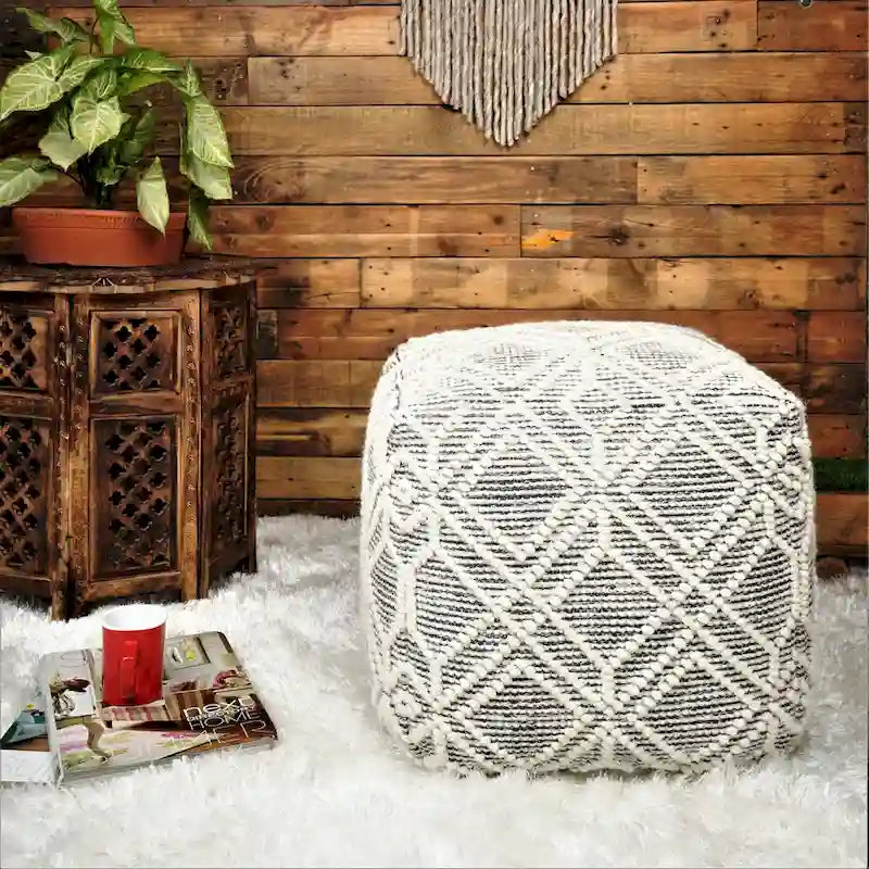 Handmade Wool and Cotton Pouf Footstool (16 x 16 x 16 Inches)