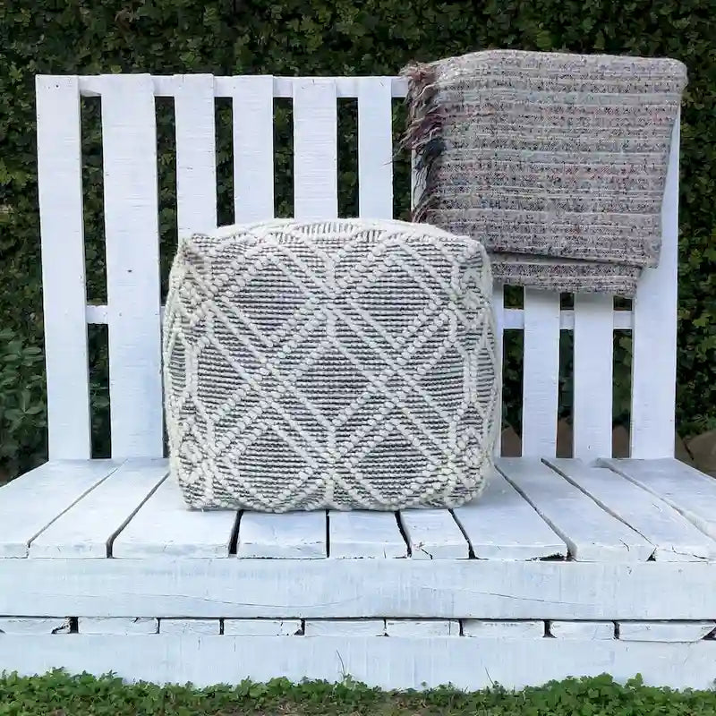 Handmade Wool and Cotton Pouf Footstool (16 x 16 x 16 Inches)