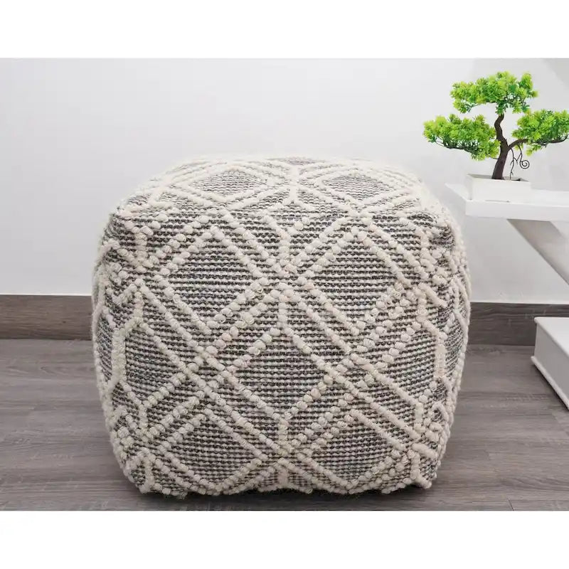 Handmade Wool and Cotton Pouf Footstool (16 x 16 x 16 Inches)