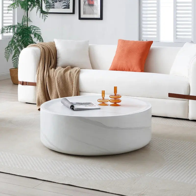 31.49 Inch Round Faux Marble Pattern Coffee Table, No Assembly Required
