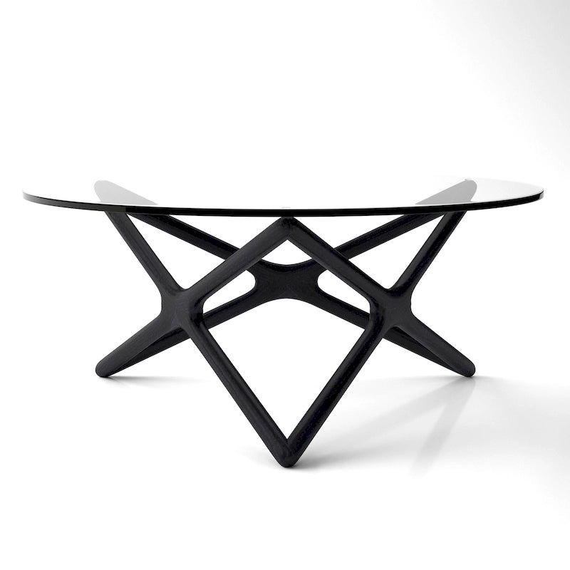 Solid Ash Coffee Table with Tempered Glass Top and Cross Base