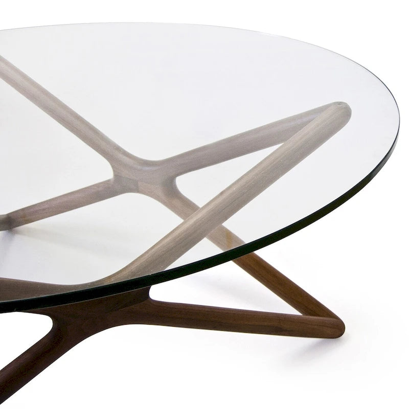 Solid Ash Coffee Table with Tempered Glass Top and Cross Base