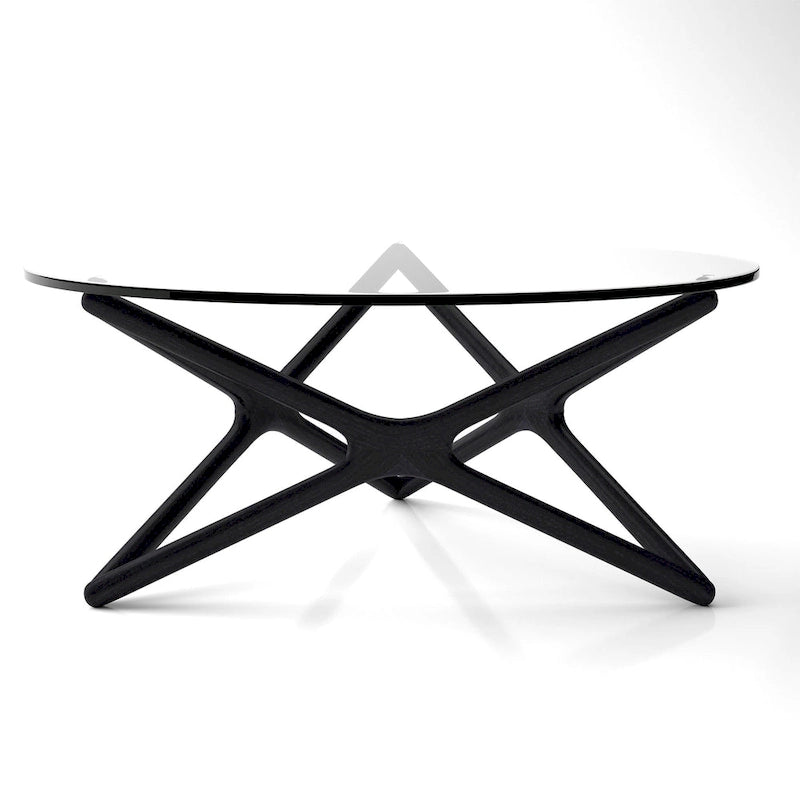 Solid Ash Coffee Table with Tempered Glass Top and Cross Base
