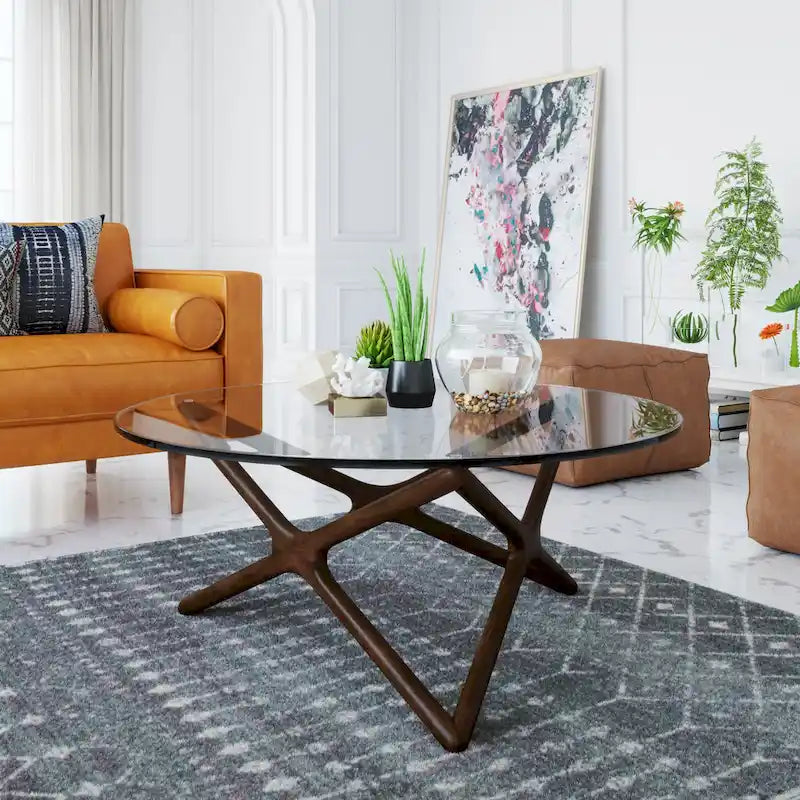 Solid Ash Coffee Table with Tempered Glass Top and Cross Base