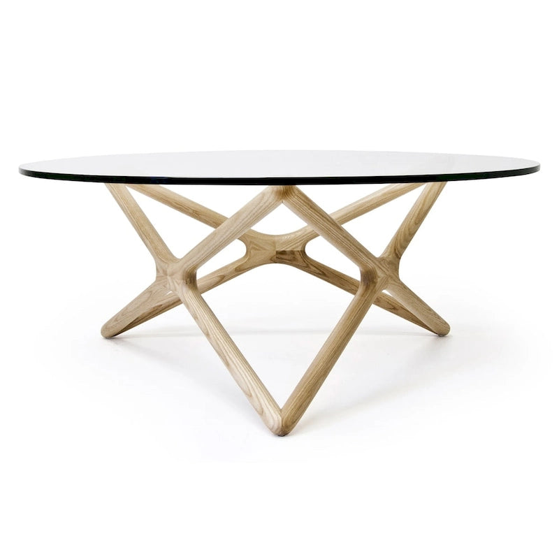 Solid Ash Coffee Table with Tempered Glass Top and Cross Base