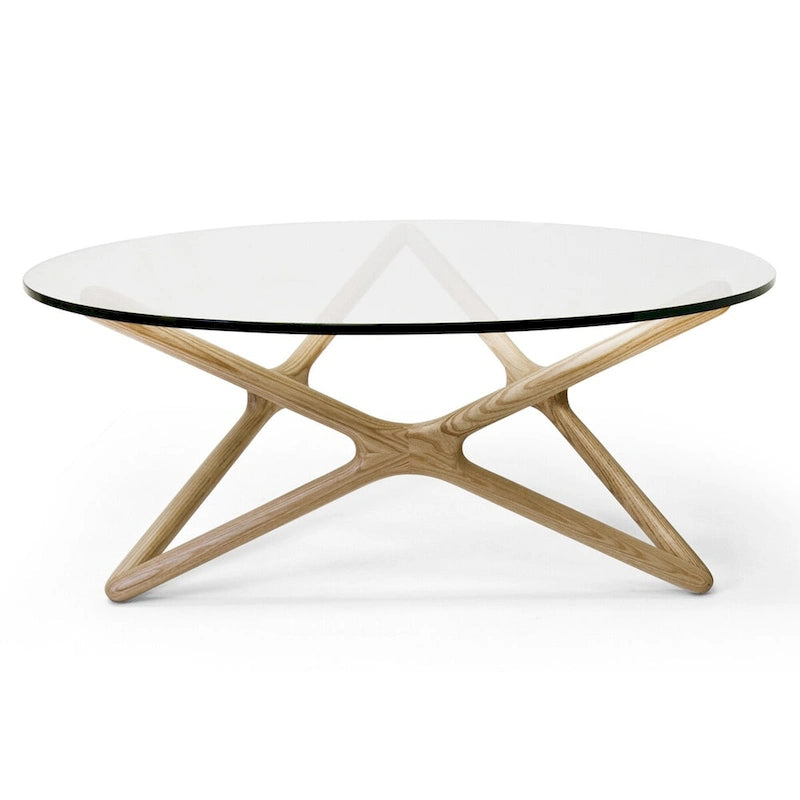 Solid Ash Coffee Table with Tempered Glass Top and Cross Base