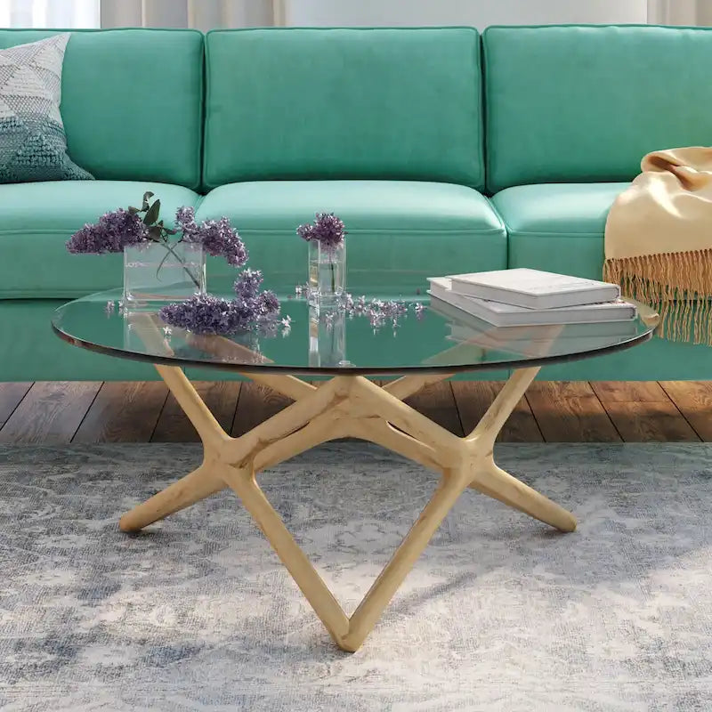 Solid Ash Coffee Table with Tempered Glass Top and Cross Base