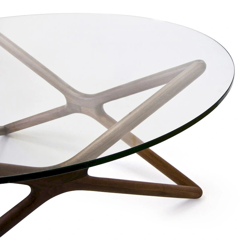 Solid Ash Coffee Table with Tempered Glass Top and Cross Base