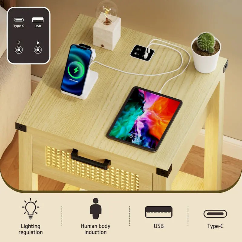 End Table with Light and Charging Station