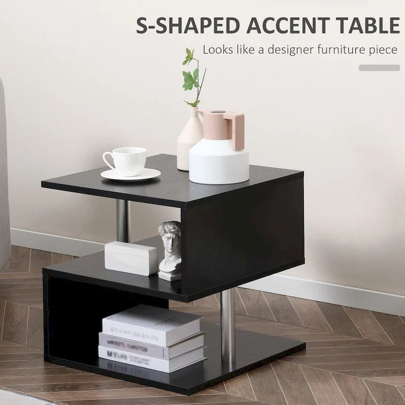 Modern S-Shaped Side Table with Storage Shelf and Steel Poles