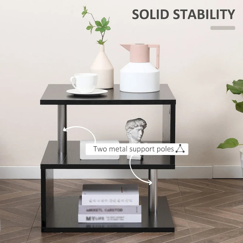 Modern S-Shaped Side Table with Storage Shelf and Steel Poles