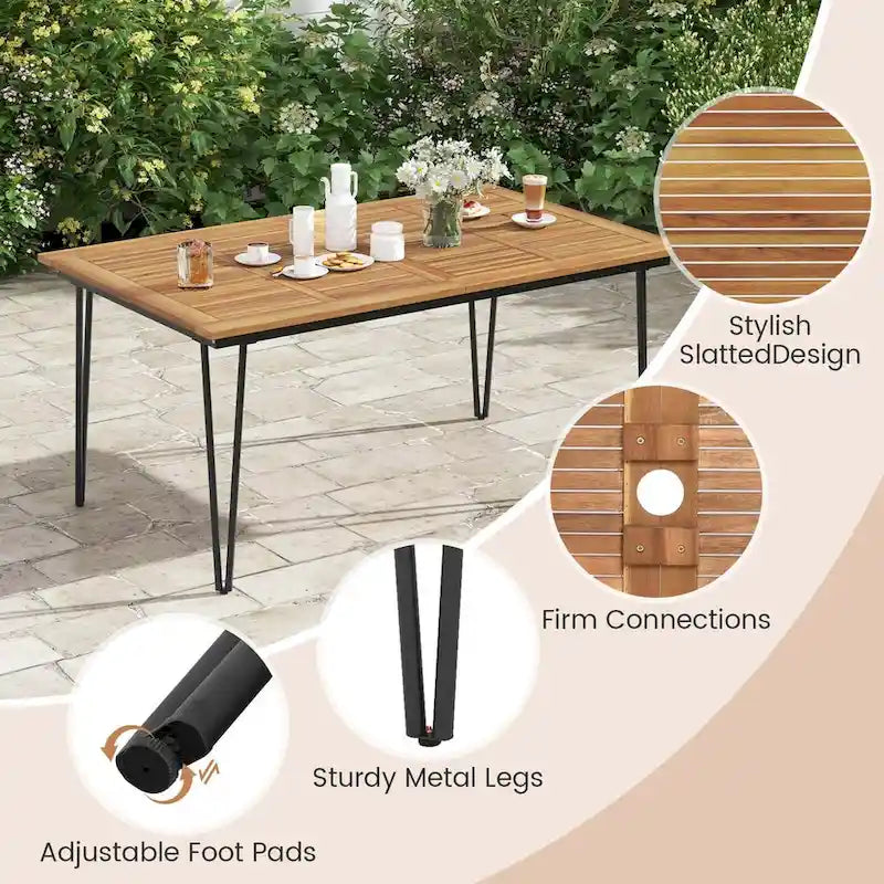 63 Inch Outdoor Dining Table with Acacia Wood Tabletop and Metal Legs