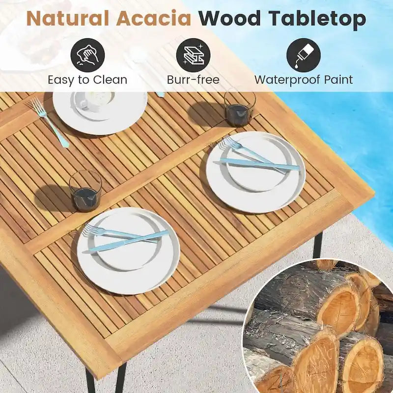 63 Inch Outdoor Dining Table with Acacia Wood Tabletop and Metal Legs