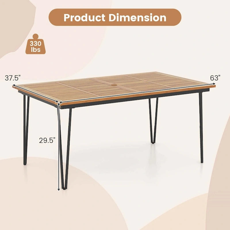 63 Inch Outdoor Dining Table with Acacia Wood Tabletop and Metal Legs