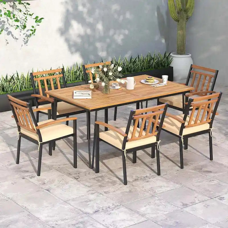 63 Inch Outdoor Dining Table with Acacia Wood Tabletop and Metal Legs