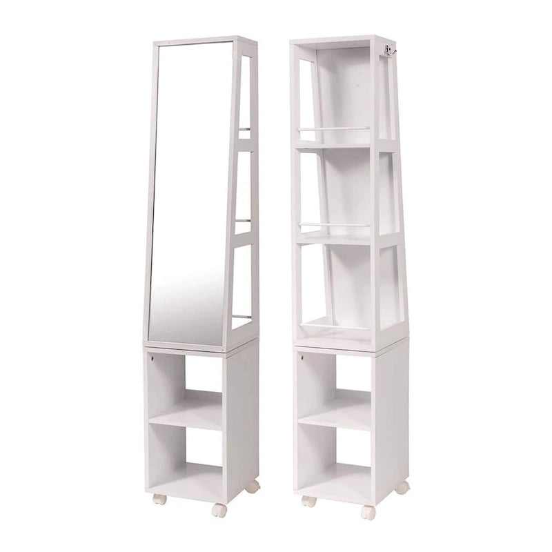 White Rotating Mirror Cabinet on Rolling Base - 13 L x 11.75 W x 61.5 H Inches