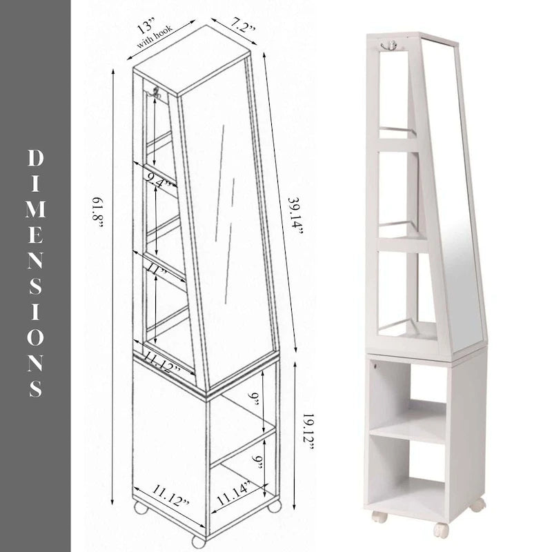 White Rotating Mirror Cabinet on Rolling Base - 13 L x 11.75 W x 61.5 H Inches