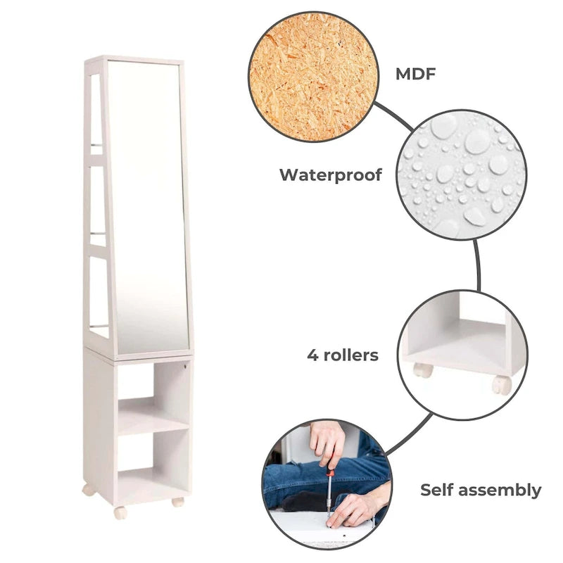 White Rotating Mirror Cabinet on Rolling Base - 13 L x 11.75 W x 61.5 H Inches