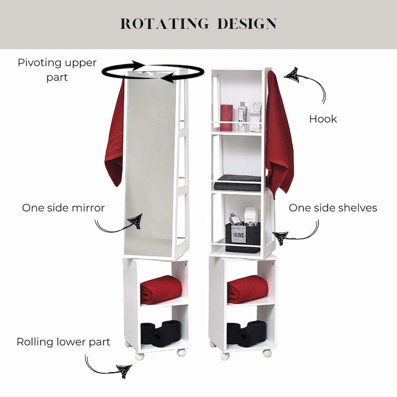 White Rotating Mirror Cabinet on Rolling Base - 13 L x 11.75 W x 61.5 H Inches