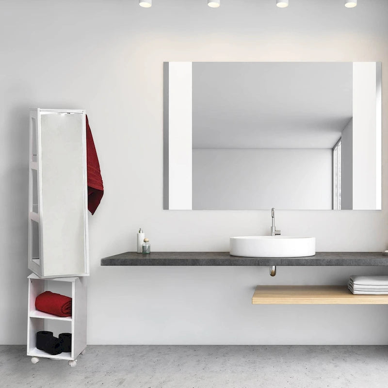 White Rotating Mirror Cabinet on Rolling Base - 13 L x 11.75 W x 61.5 H Inches