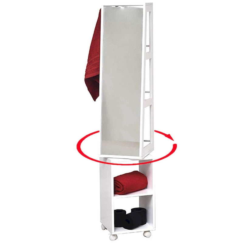 White Rotating Mirror Cabinet on Rolling Base - 13 L x 11.75 W x 61.5 H Inches