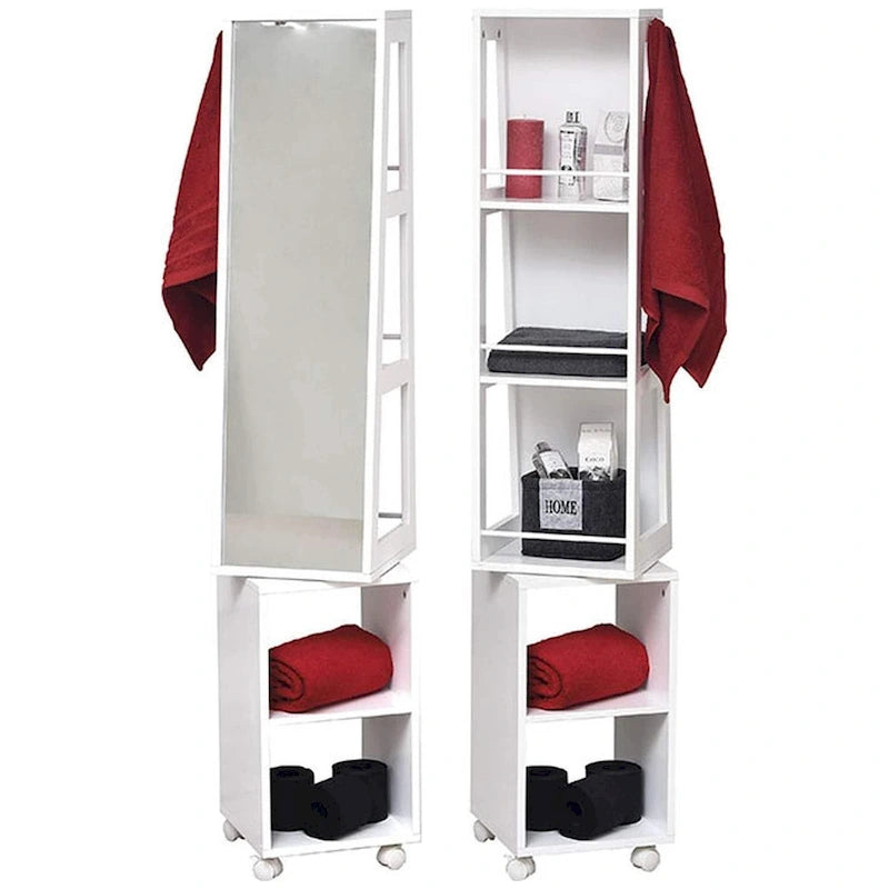 White Rotating Mirror Cabinet on Rolling Base - 13 L x 11.75 W x 61.5 H Inches