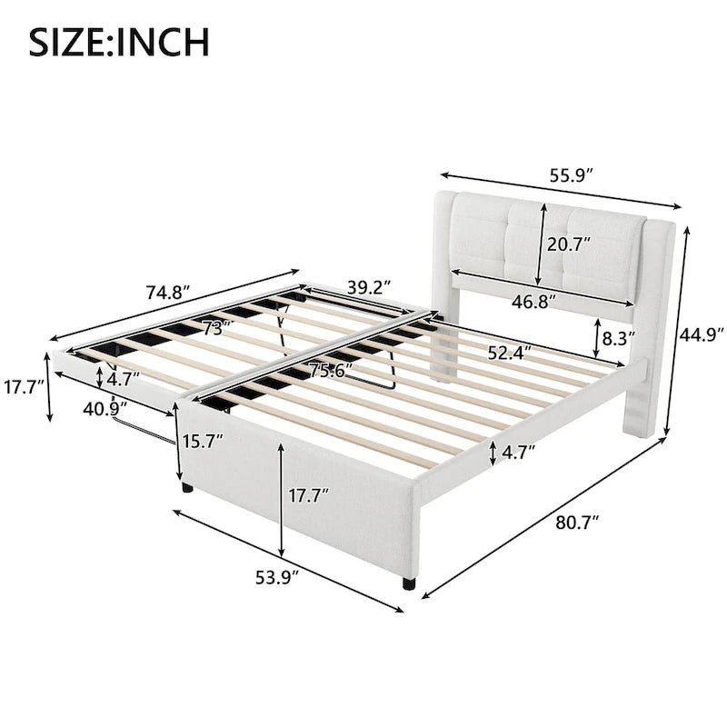 Full Size Upholstered Platform Bed with Trundle