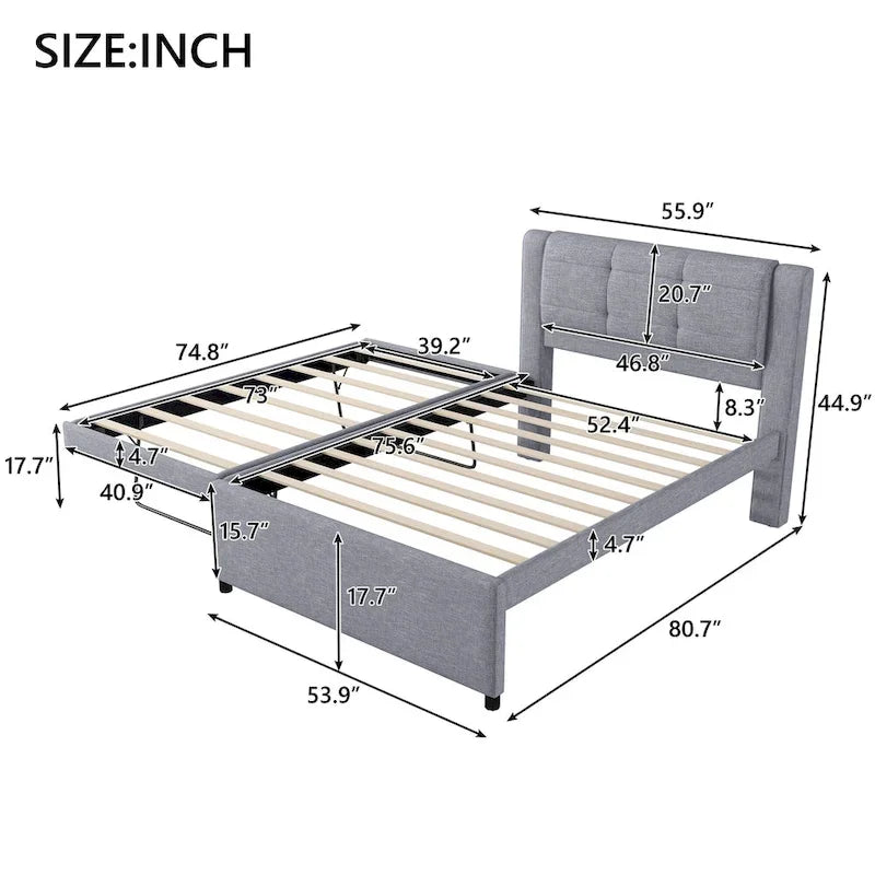 Full Size Upholstered Platform Bed with Trundle