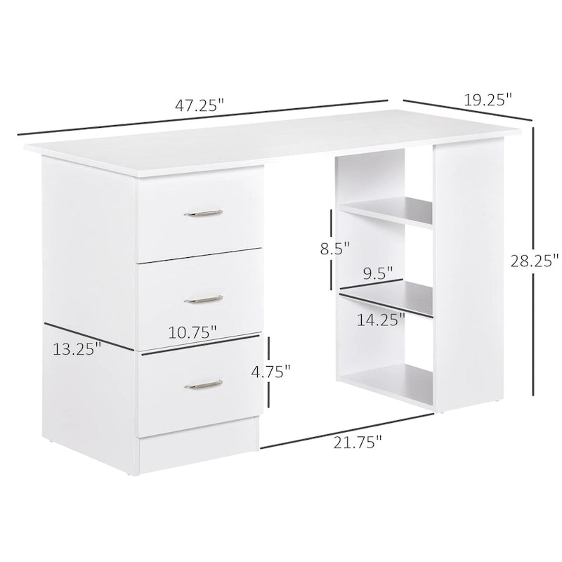 Writing Table Workstation with 3 Drawers and Storage Shelf